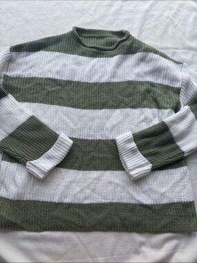 Amazon Olive Green & White Striped Crewneck Sweater